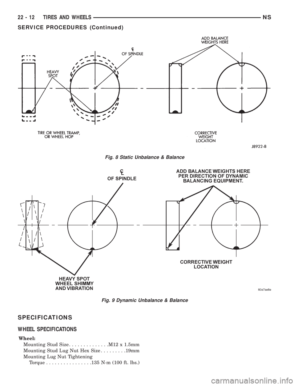 CHRYSLER VOYAGER 1996 Service Manual SPECIFICATIONS
WHEEL SPECIFICATIONS
Wheel:
Mounting Stud Size..............M12 x 1.5mm
Mounting Stud Lug Nut Hex Size.........19mm
Mounting Lug Nut Tightening
Torque................135 N´m (100 ft. l CHRYSLER VOYAGER 1996 Service Manual SPECIFICATIONS
WHEEL SPECIFICATIONS
Wheel:
Mounting Stud Size..............M12 x 1.5mm
Mounting Stud Lug Nut Hex Size.........19mm
Mounting Lug Nut Tightening
Torque................135 N´m (100 ft. l