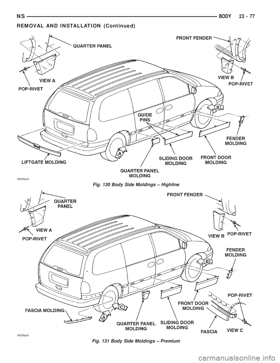 CHRYSLER VOYAGER 1996 Service Manual Fig. 130 Body Side Moldings ± Highline
Fig. 131 Body Side Moldings ± Premium
NSBODY 23 - 77
REMOVAL AND INSTALLATION (Continued) CHRYSLER VOYAGER 1996 Service Manual Fig. 130 Body Side Moldings ± Highline
Fig. 131 Body Side Moldings ± Premium
NSBODY 23 - 77
REMOVAL AND INSTALLATION (Continued)