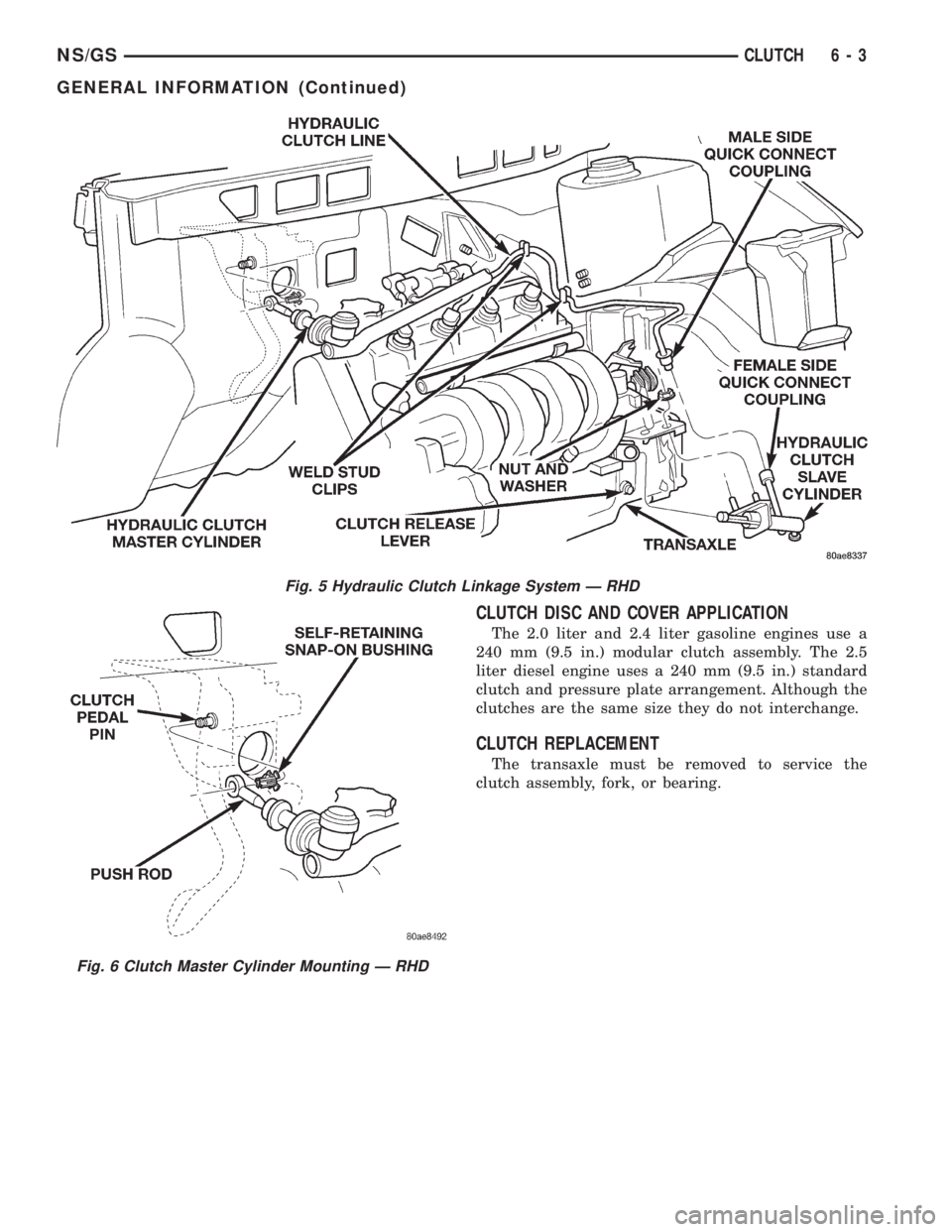 CHRYSLER VOYAGER 1996 Owners Guide CLUTCH DISC AND COVER APPLICATION
The 2.0 liter and 2.4 liter gasoline engines use a
240 mm (9.5 in.) modular clutch assembly. The 2.5
liter diesel engine uses a 240 mm (9.5 in.) standard
clutch and p CHRYSLER VOYAGER 1996 Owners Guide CLUTCH DISC AND COVER APPLICATION
The 2.0 liter and 2.4 liter gasoline engines use a
240 mm (9.5 in.) modular clutch assembly. The 2.5
liter diesel engine uses a 240 mm (9.5 in.) standard
clutch and p