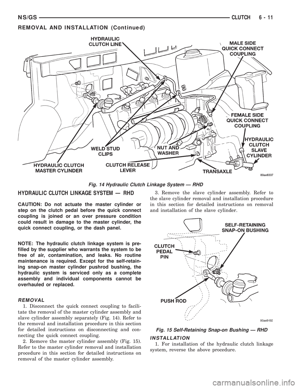 CHRYSLER VOYAGER 1996 Service Manual HYDRAULIC CLUTCH LINKAGE SYSTEM Ð RHD
CAUTION: Do not actuate the master cylinder or
step on the clutch pedal before the quick connect
coupling is joined or an over pressure condition
could result in CHRYSLER VOYAGER 1996 Service Manual HYDRAULIC CLUTCH LINKAGE SYSTEM Ð RHD
CAUTION: Do not actuate the master cylinder or
step on the clutch pedal before the quick connect
coupling is joined or an over pressure condition
could result in