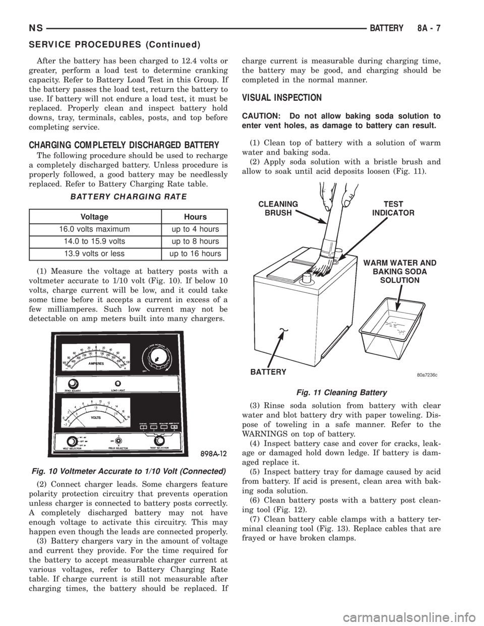 CHRYSLER VOYAGER 1996 Service Manual After the battery has been charged to 12.4 volts or
greater, perform a load test to determine cranking
capacity. Refer to Battery Load Test in this Group. If
the battery passes the load test, return t CHRYSLER VOYAGER 1996 Service Manual After the battery has been charged to 12.4 volts or
greater, perform a load test to determine cranking
capacity. Refer to Battery Load Test in this Group. If
the battery passes the load test, return t