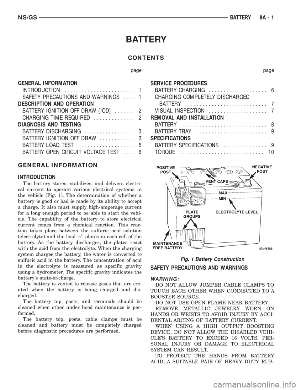 CHRYSLER VOYAGER 1996 Service Manual BATTERY
CONTENTS
page page
GENERAL INFORMATION
INTRODUCTION........................ 1
SAFETY PRECAUTIONS AND WARNINGS.... 1
DESCRIPTION AND OPERATION
BATTERY IGNITION OFF DRAW (IOD)....... 2
CHARGING CHRYSLER VOYAGER 1996 Service Manual BATTERY
CONTENTS
page page
GENERAL INFORMATION
INTRODUCTION........................ 1
SAFETY PRECAUTIONS AND WARNINGS.... 1
DESCRIPTION AND OPERATION
BATTERY IGNITION OFF DRAW (IOD)....... 2
CHARGING