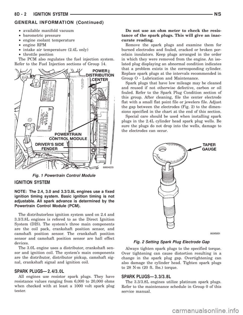 CHRYSLER VOYAGER 1996 Workshop Manual ²available manifold vacuum
²barometric pressure
²engine coolant temperature
²engine RPM
²intake air temperature (2.4L only)
²throttle position
The PCM also regulates the fuel injection system.
R CHRYSLER VOYAGER 1996 Workshop Manual ²available manifold vacuum
²barometric pressure
²engine coolant temperature
²engine RPM
²intake air temperature (2.4L only)
²throttle position
The PCM also regulates the fuel injection system.
R