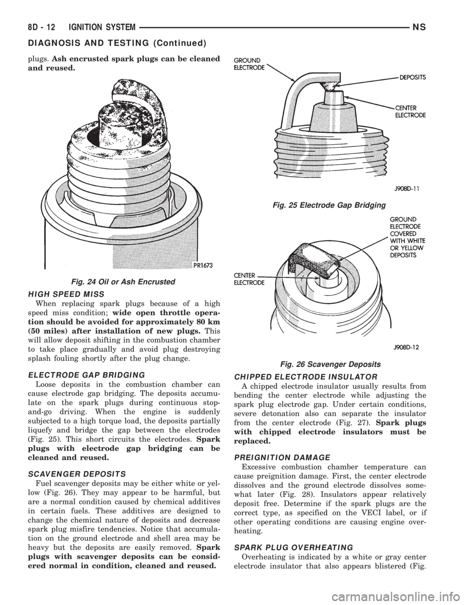 CHRYSLER VOYAGER 1996 Service Manual plugs.Ash encrusted spark plugs can be cleaned
and reused.
HIGH SPEED MISS
When replacing spark plugs because of a high
speed miss condition;wide open throttle opera-
tion should be avoided for approx CHRYSLER VOYAGER 1996 Service Manual plugs.Ash encrusted spark plugs can be cleaned
and reused.
HIGH SPEED MISS
When replacing spark plugs because of a high
speed miss condition;wide open throttle opera-
tion should be avoided for approx