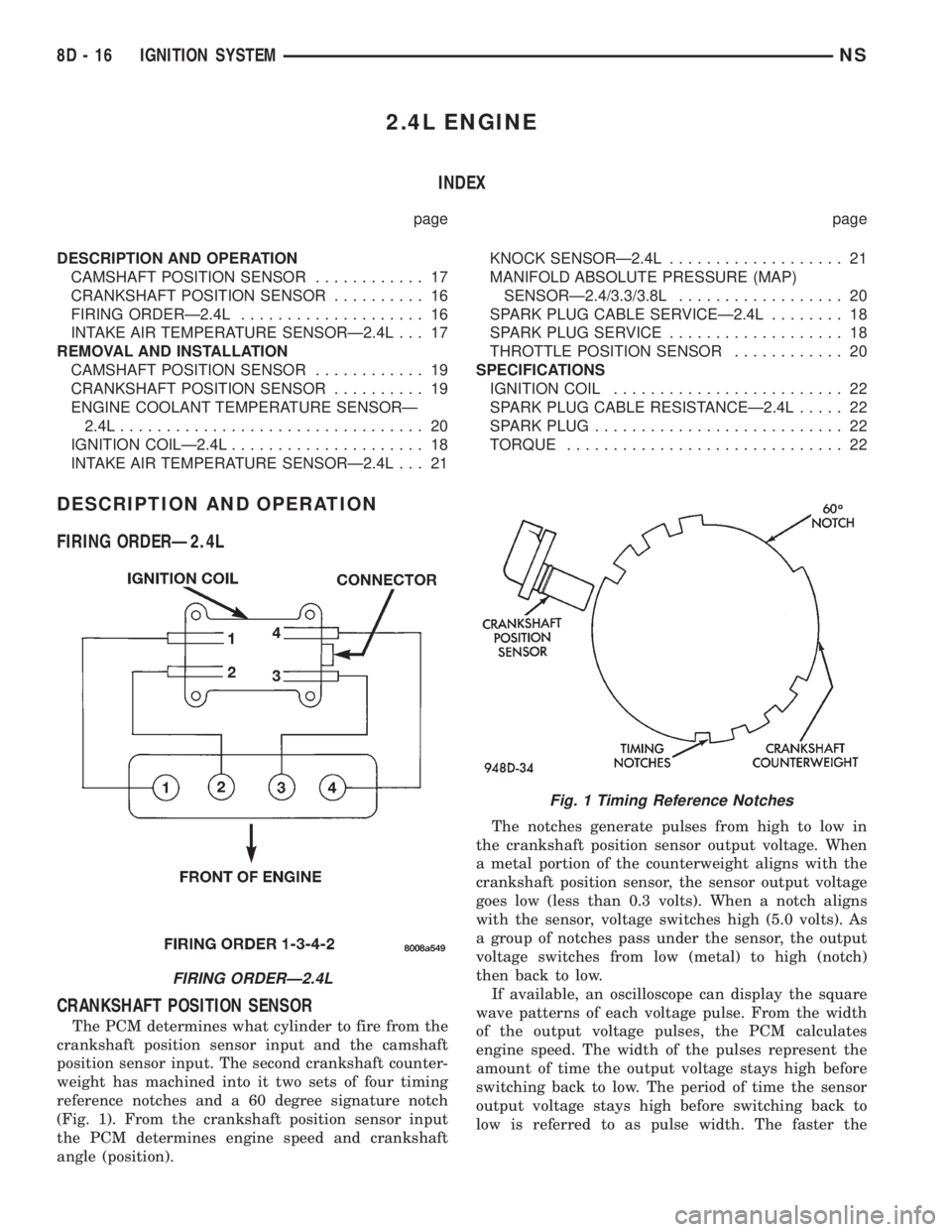 CHRYSLER VOYAGER 1996 Repair Manual 2.4L ENGINE
INDEX
page page
DESCRIPTION AND OPERATION
CAMSHAFT POSITION SENSOR............ 17
CRANKSHAFT POSITION SENSOR.......... 16
FIRING ORDERÐ2.4L.................... 16
INTAKE AIR TEMPERATURE S CHRYSLER VOYAGER 1996 Repair Manual 2.4L ENGINE
INDEX
page page
DESCRIPTION AND OPERATION
CAMSHAFT POSITION SENSOR............ 17
CRANKSHAFT POSITION SENSOR.......... 16
FIRING ORDERÐ2.4L.................... 16
INTAKE AIR TEMPERATURE S