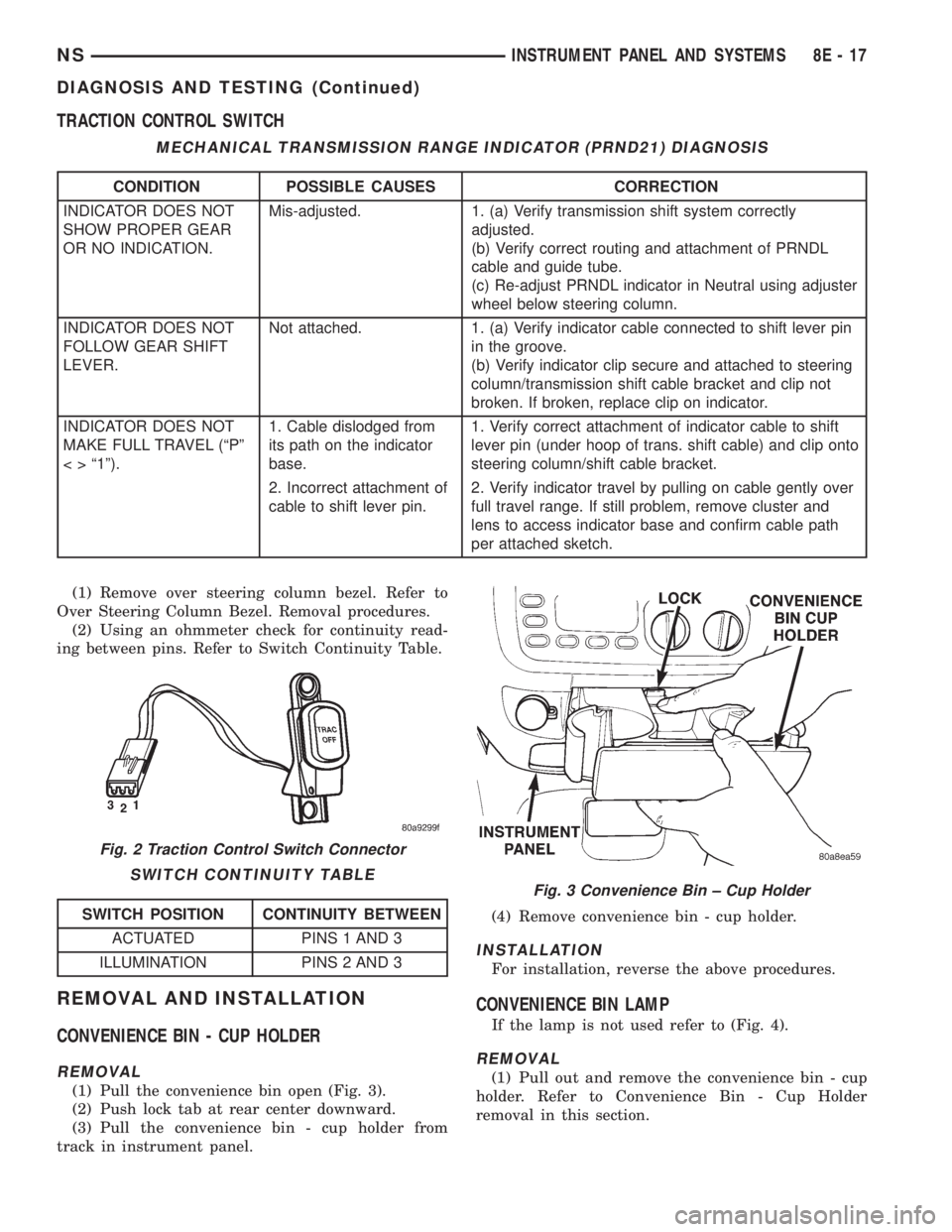 CHRYSLER VOYAGER 1996  Service Manual TRACTION CONTROL SWITCH
(1) Remove over steering column bezel. Refer to
Over Steering Column Bezel. Removal procedures.
(2) Using an ohmmeter check for continuity read-
ing between pins. Refer to Swit