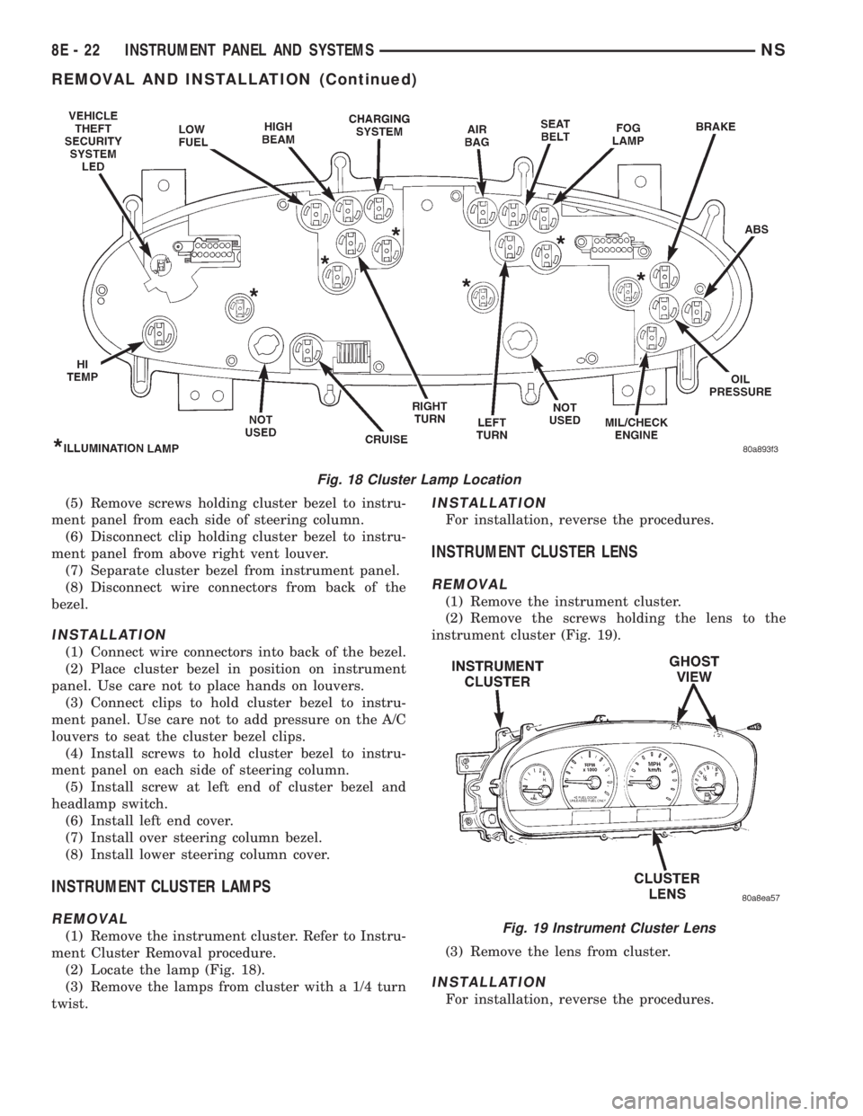 CHRYSLER VOYAGER 1996 Service Manual (5) Remove screws holding cluster bezel to instru-
ment panel from each side of steering column.
(6) Disconnect clip holding cluster bezel to instru-
ment panel from above right vent louver.
(7) Separ CHRYSLER VOYAGER 1996 Service Manual (5) Remove screws holding cluster bezel to instru-
ment panel from each side of steering column.
(6) Disconnect clip holding cluster bezel to instru-
ment panel from above right vent louver.
(7) Separ