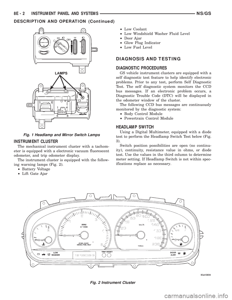 CHRYSLER VOYAGER 1996  Service Manual INSTRUMENT CLUSTER
The mechanical instrument cluster with a tachom-
eter is equipped with a electronic vacuum fluorescent
odometer, and trip odometer display.
The instrument cluster is equipped with t