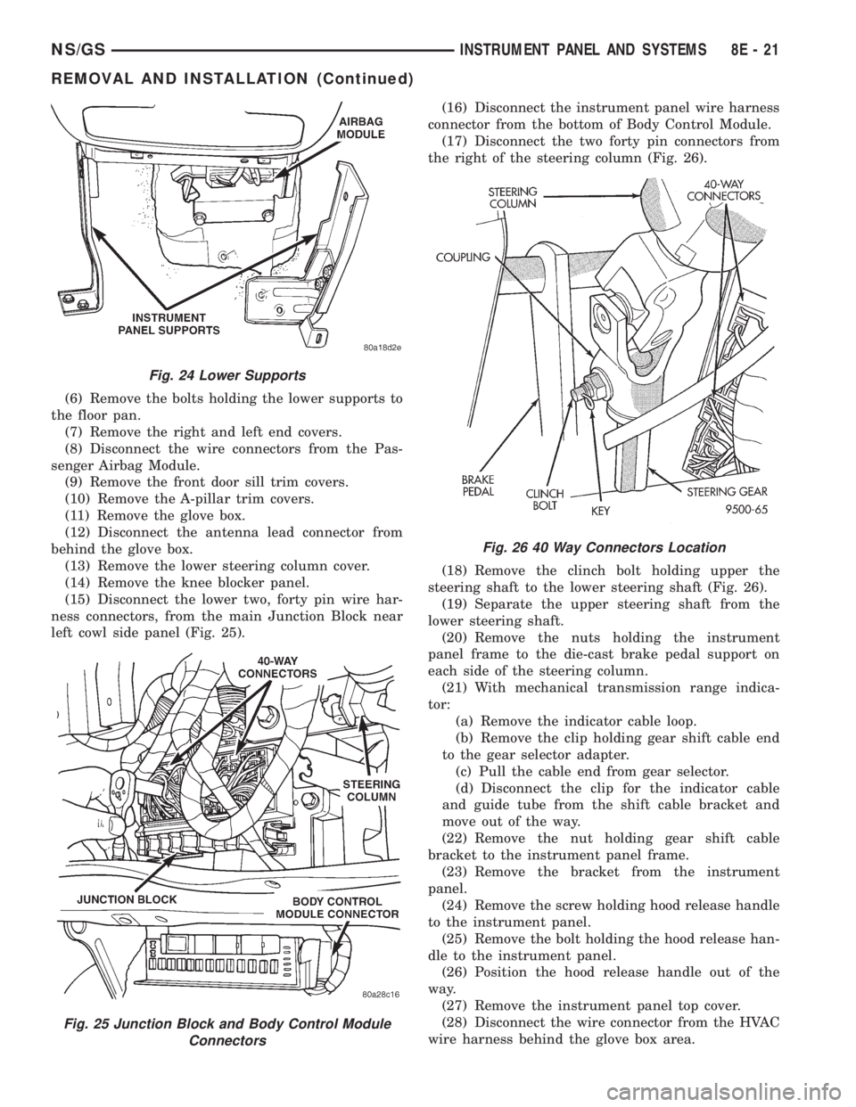 CHRYSLER VOYAGER 1996  Service Manual (6) Remove the bolts holding the lower supports to
the floor pan.
(7) Remove the right and left end covers.
(8) Disconnect the wire connectors from the Pas-
senger Airbag Module.
(9) Remove the front 