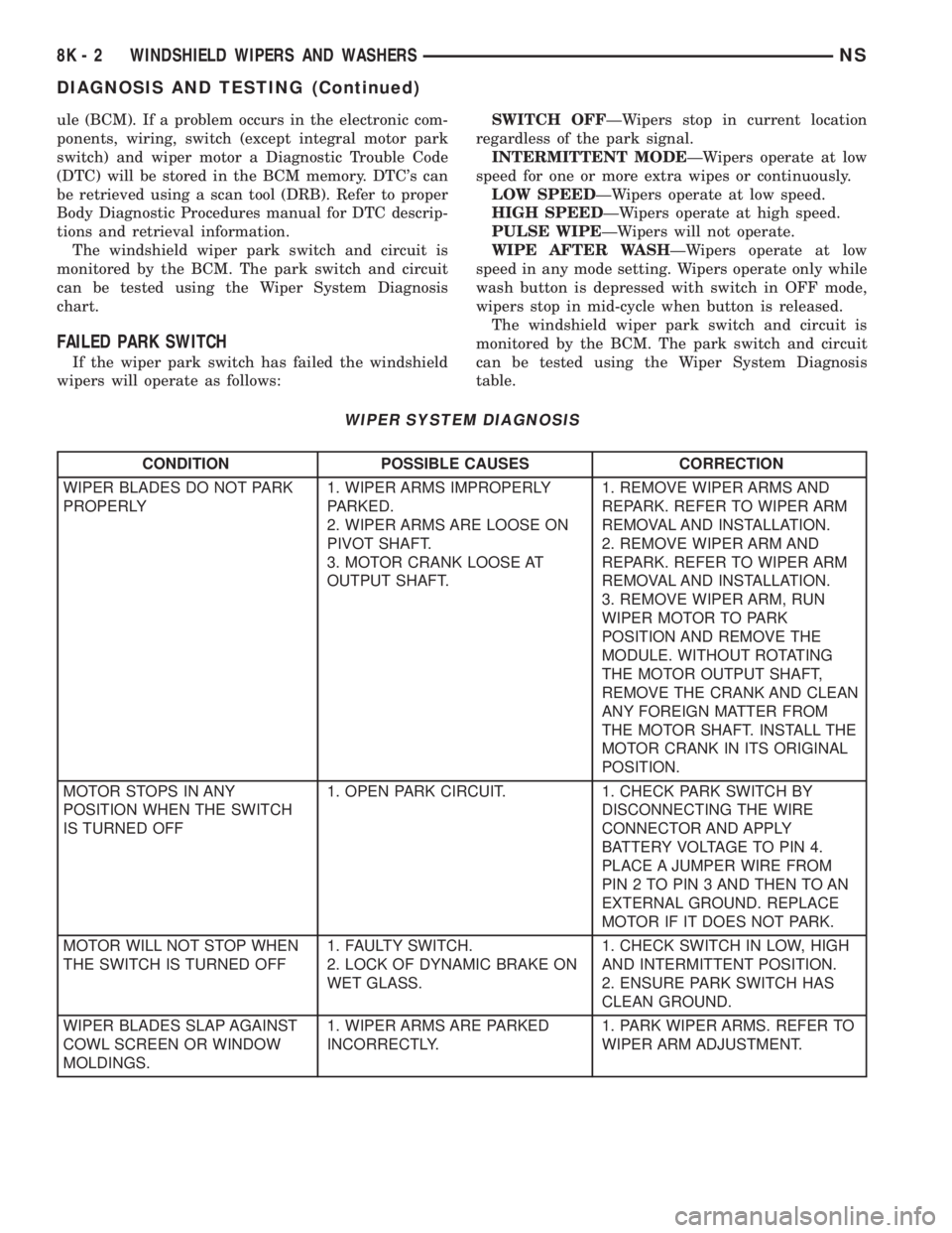 CHRYSLER VOYAGER 1996  Service Manual ule (BCM). If a problem occurs in the electronic com-
ponents, wiring, switch (except integral motor park
switch) and wiper motor a Diagnostic Trouble Code
(DTC) will be stored in the BCM memory. DTC