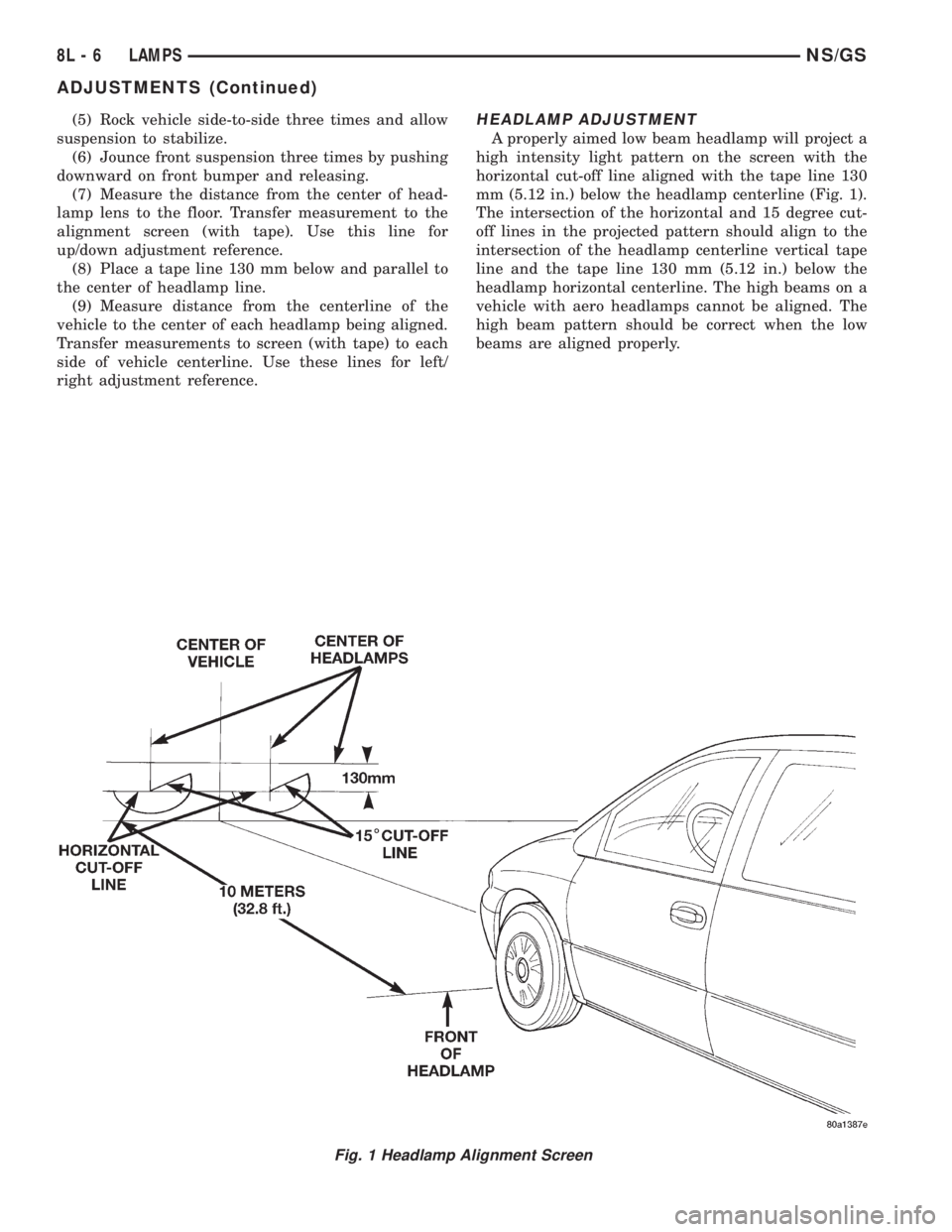 CHRYSLER VOYAGER 1996 Owners Guide (5) Rock vehicle side-to-side three times and allow
suspension to stabilize.
(6) Jounce front suspension three times by pushing
downward on front bumper and releasing.
(7) Measure the distance from th CHRYSLER VOYAGER 1996 Owners Guide (5) Rock vehicle side-to-side three times and allow
suspension to stabilize.
(6) Jounce front suspension three times by pushing
downward on front bumper and releasing.
(7) Measure the distance from th