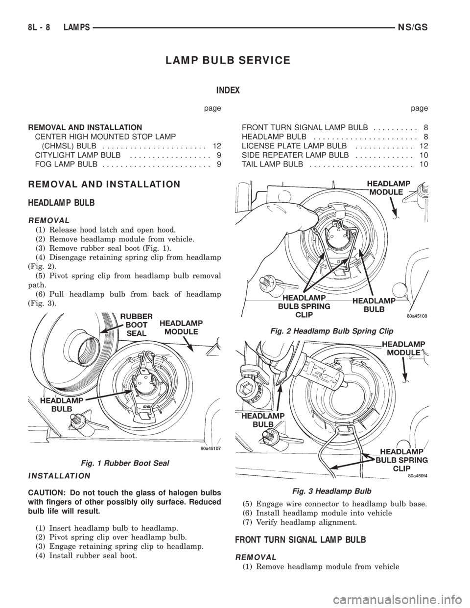 CHRYSLER VOYAGER 1996 Owners Guide LAMP BULB SERVICE
INDEX
page page
REMOVAL AND INSTALLATION
CENTER HIGH MOUNTED STOP LAMP
(CHMSL) BULB....................... 12
CITYLIGHT LAMP BULB.................. 9
FOG LAMP BULB................... CHRYSLER VOYAGER 1996 Owners Guide LAMP BULB SERVICE
INDEX
page page
REMOVAL AND INSTALLATION
CENTER HIGH MOUNTED STOP LAMP
(CHMSL) BULB....................... 12
CITYLIGHT LAMP BULB.................. 9
FOG LAMP BULB...................