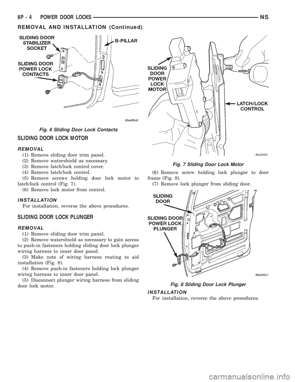 CHRYSLER VOYAGER 1996 Service Manual SLIDING DOOR LOCK MOTOR
REMOVAL
(1) Remove sliding door trim panel.
(2) Remove watershield as necessary.
(3) Remove latch/lock control cover.
(4) Remove latch/lock control.
(5) Remove screws holding d CHRYSLER VOYAGER 1996 Service Manual SLIDING DOOR LOCK MOTOR
REMOVAL
(1) Remove sliding door trim panel.
(2) Remove watershield as necessary.
(3) Remove latch/lock control cover.
(4) Remove latch/lock control.
(5) Remove screws holding d