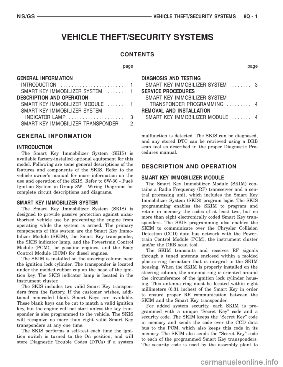 CHRYSLER VOYAGER 1996 Owners Manual VEHICLE THEFT/SECURITY SYSTEMS
CONTENTS
page page
GENERAL INFORMATION
INTRODUCTION........................ 1
SMART KEY IMMOBILIZER SYSTEM....... 1
DESCRIPTION AND OPERATION
SMART KEY IMMOBILIZER MODUL