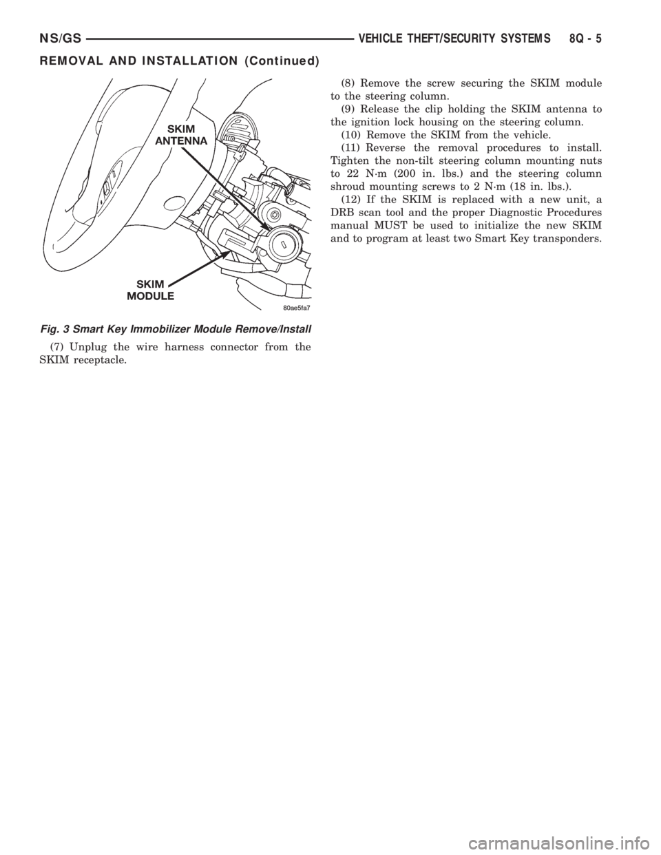 CHRYSLER VOYAGER 1996  Service Manual (7) Unplug the wire harness connector from the
SKIM receptacle.(8) Remove the screw securing the SKIM module
to the steering column.
(9) Release the clip holding the SKIM antenna to
the ignition lock 