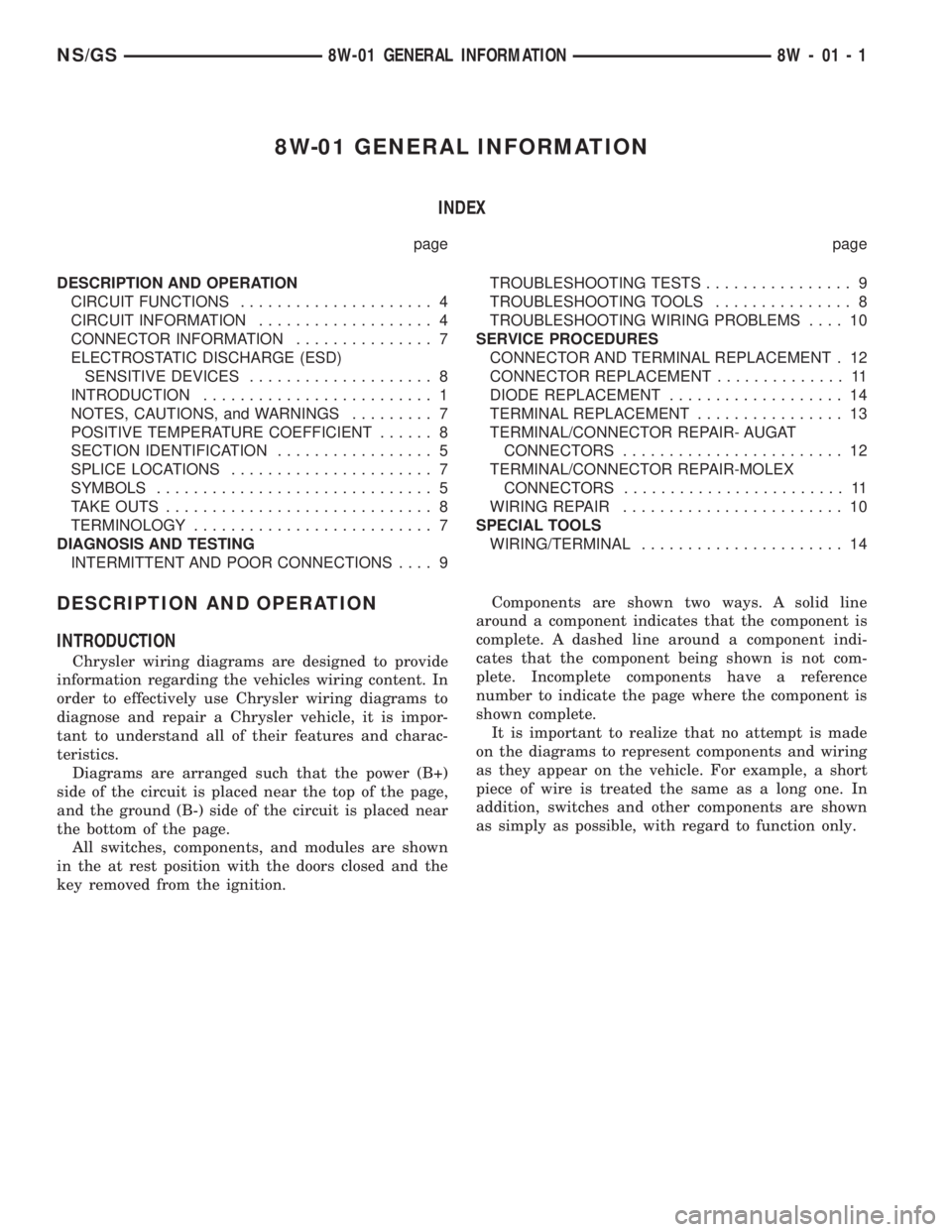 CHRYSLER VOYAGER 1996  Service Manual 8W-01 GENERAL INFORMATION
INDEX
page page
DESCRIPTION AND OPERATION
CIRCUIT FUNCTIONS..................... 4
CIRCUIT INFORMATION................... 4
CONNECTOR INFORMATION............... 7
ELECTROSTAT