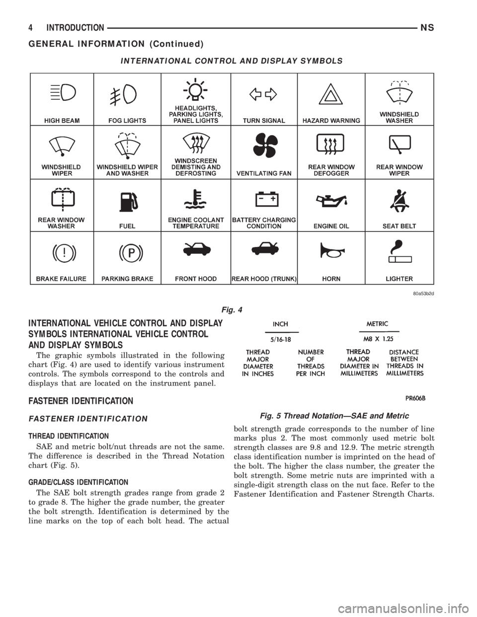 CHRYSLER VOYAGER 1996 Service Manual INTERNATIONAL VEHICLE CONTROL AND DISPLAY
SYMBOLS INTERNATIONAL VEHICLE CONTROL
AND DISPLAY SYMBOLS
The graphic symbols illustrated in the following
chart (Fig. 4) are used to identify various instrum CHRYSLER VOYAGER 1996 Service Manual INTERNATIONAL VEHICLE CONTROL AND DISPLAY
SYMBOLS INTERNATIONAL VEHICLE CONTROL
AND DISPLAY SYMBOLS
The graphic symbols illustrated in the following
chart (Fig. 4) are used to identify various instrum