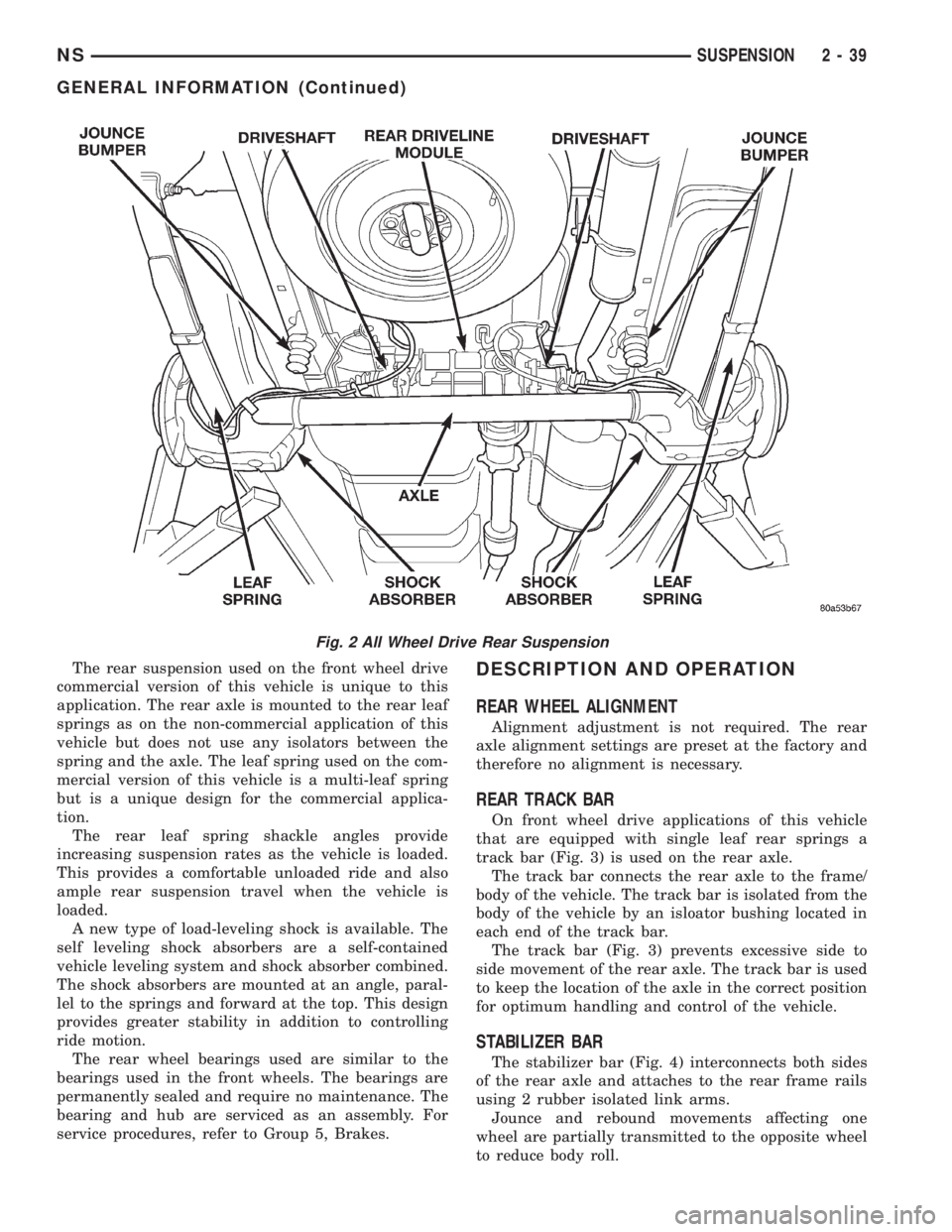 CHRYSLER VOYAGER 1996 Manual PDF The rear suspension used on the front wheel drive
commercial version of this vehicle is unique to this
application. The rear axle is mounted to the rear leaf
springs as on the non-commercial applicati CHRYSLER VOYAGER 1996 Manual PDF The rear suspension used on the front wheel drive
commercial version of this vehicle is unique to this
application. The rear axle is mounted to the rear leaf
springs as on the non-commercial applicati