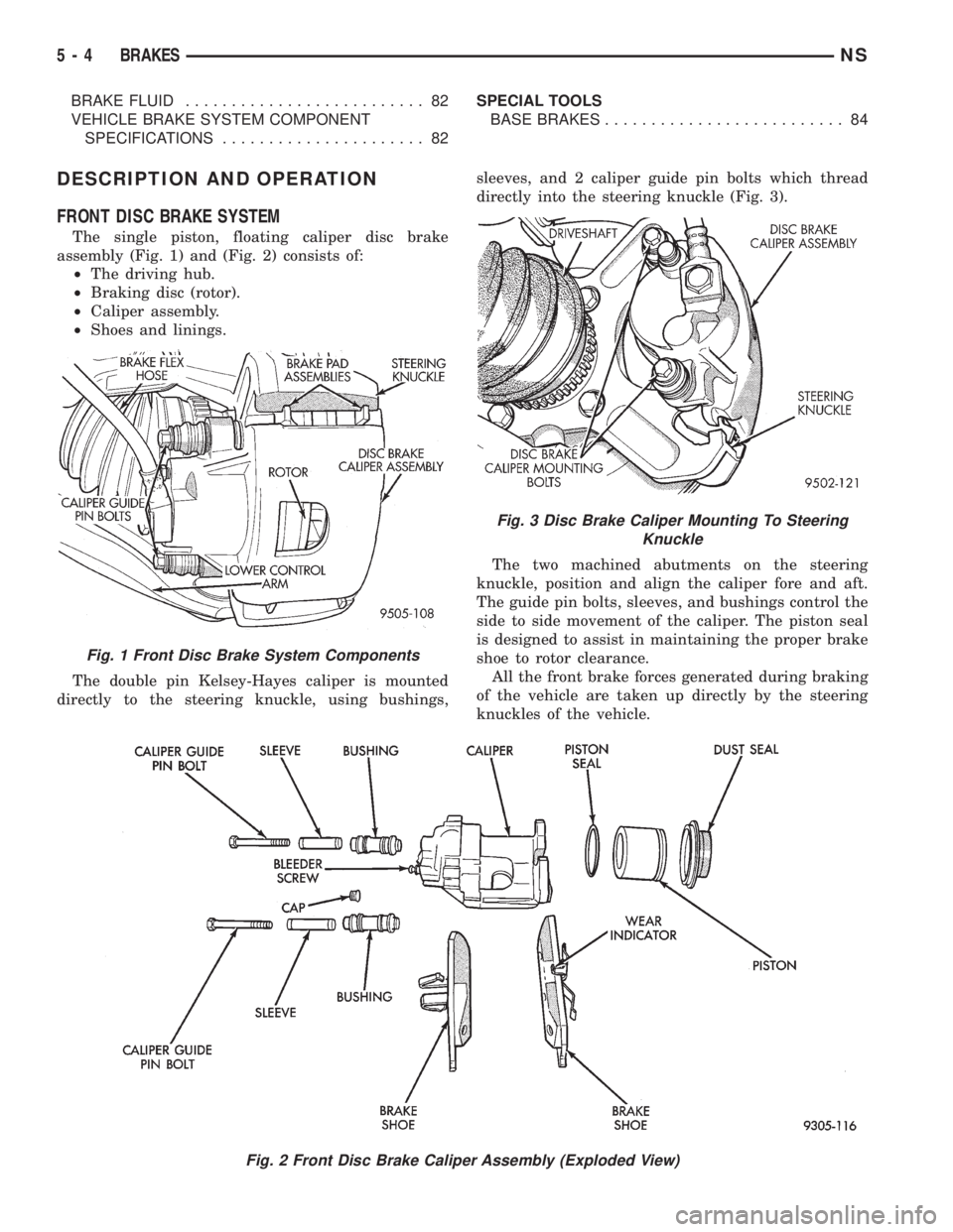 CHRYSLER VOYAGER 1996 Service Manual BRAKE FLUID.......................... 82
VEHICLE BRAKE SYSTEM COMPONENT
SPECIFICATIONS...................... 82SPECIAL TOOLS
BASE BRAKES.......................... 84
DESCRIPTION AND OPERATION
FRONT DI CHRYSLER VOYAGER 1996 Service Manual BRAKE FLUID.......................... 82
VEHICLE BRAKE SYSTEM COMPONENT
SPECIFICATIONS...................... 82SPECIAL TOOLS
BASE BRAKES.......................... 84
DESCRIPTION AND OPERATION
FRONT DI