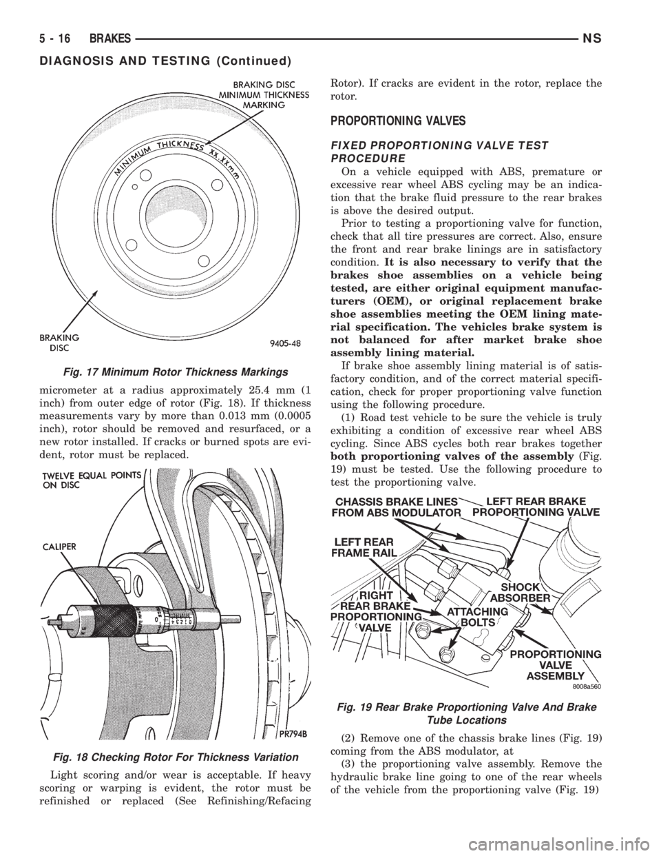 CHRYSLER VOYAGER 1996  Service Manual micrometer at a radius approximately 25.4 mm (1
inch) from outer edge of rotor (Fig. 18). If thickness
measurements vary by more than 0.013 mm (0.0005
inch), rotor should be removed and resurfaced, or