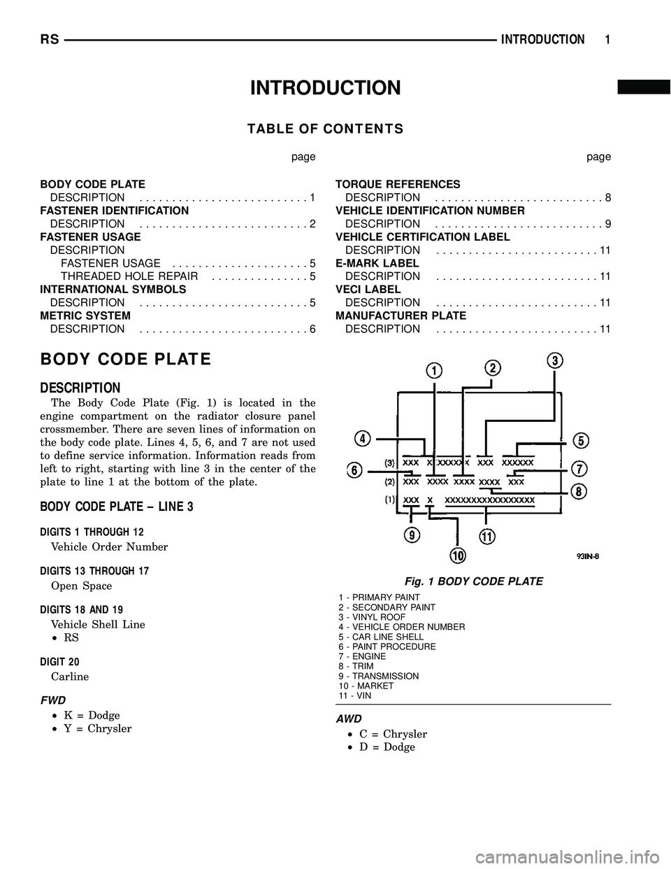 CHRYSLER VOYAGER 2005  Service Manual INTRODUCTION
TABLE OF CONTENTS
page page
BODY CODE PLATE
DESCRIPTION..........................1
FASTENER IDENTIFICATION
DESCRIPTION..........................2
FASTENER USAGE
DESCRIPTION
FASTENER USAGE