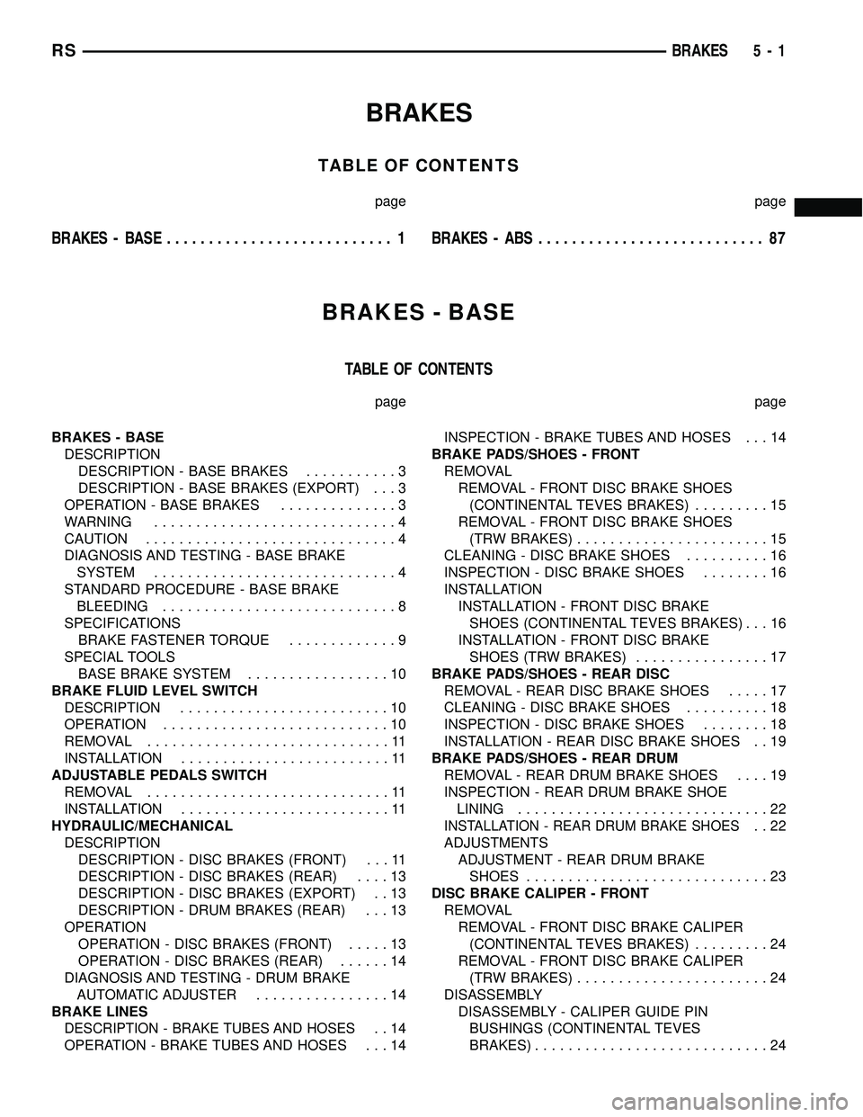 CHRYSLER VOYAGER 2005  Service Manual BRAKES
TABLE OF CONTENTS
page page
BRAKES - BASE........................... 1BRAKES - ABS........................... 87
BRAKES - BASE
TABLE OF CONTENTS
page page
BRAKES - BASE
DESCRIPTION
DESCRIPTION 