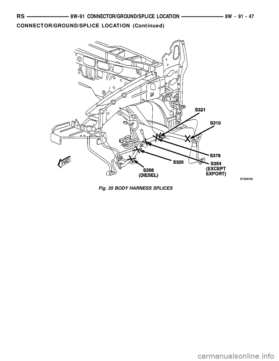 CHRYSLER VOYAGER 2005  Service Manual Fig. 35 BODY HARNESS SPLICES
RS8W-91 CONNECTOR/GROUND/SPLICE LOCATION8W-91-47
CONNECTOR/GROUND/SPLICE LOCATION (Continued) 