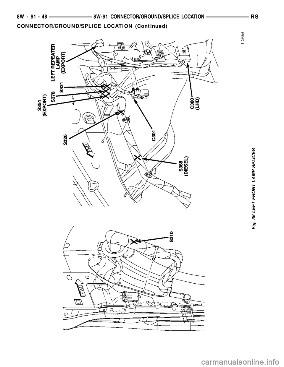 CHRYSLER VOYAGER 2005  Service Manual Fig. 36 LEFT FRONT LAMP SPLICES
8W - 91 - 48 8W-91 CONNECTOR/GROUND/SPLICE LOCATIONRS
CONNECTOR/GROUND/SPLICE LOCATION (Continued) 