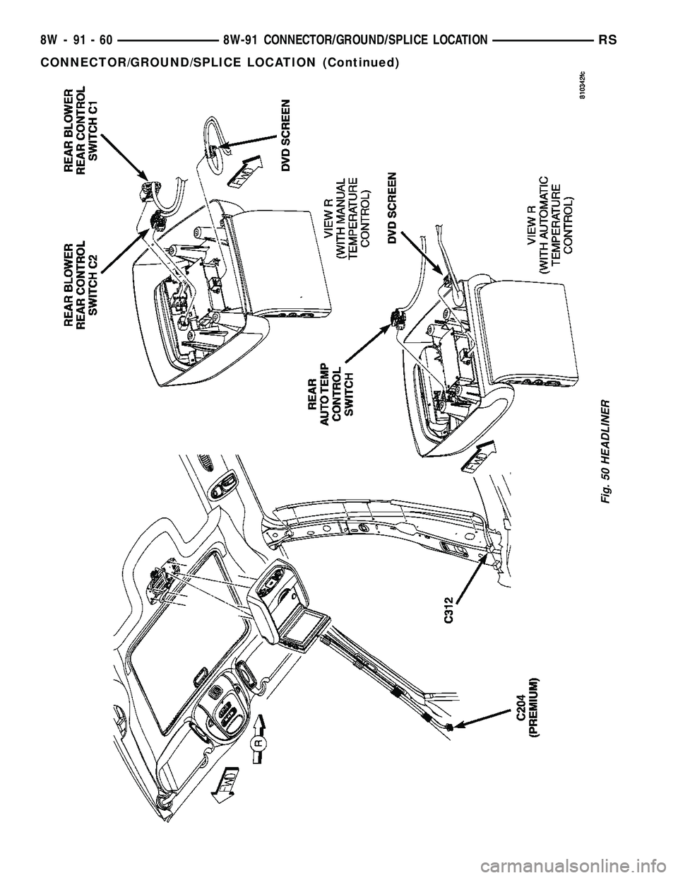 CHRYSLER VOYAGER 2005  Service Manual Fig. 50 HEADLINER
8W - 91 - 60 8W-91 CONNECTOR/GROUND/SPLICE LOCATIONRS
CONNECTOR/GROUND/SPLICE LOCATION (Continued) 