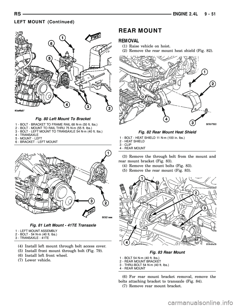 CHRYSLER VOYAGER 2005 Service Manual (4) Install left mount through bolt access cover.
(5) Install front mount through bolt (Fig. 79).
(6) Install left front wheel.
(7) Lower vehicle.
REAR MOUNT
REMOVAL
(1) Raise vehicle on hoist.
(2) Re CHRYSLER VOYAGER 2005 Service Manual (4) Install left mount through bolt access cover.
(5) Install front mount through bolt (Fig. 79).
(6) Install left front wheel.
(7) Lower vehicle.
REAR MOUNT
REMOVAL
(1) Raise vehicle on hoist.
(2) Re