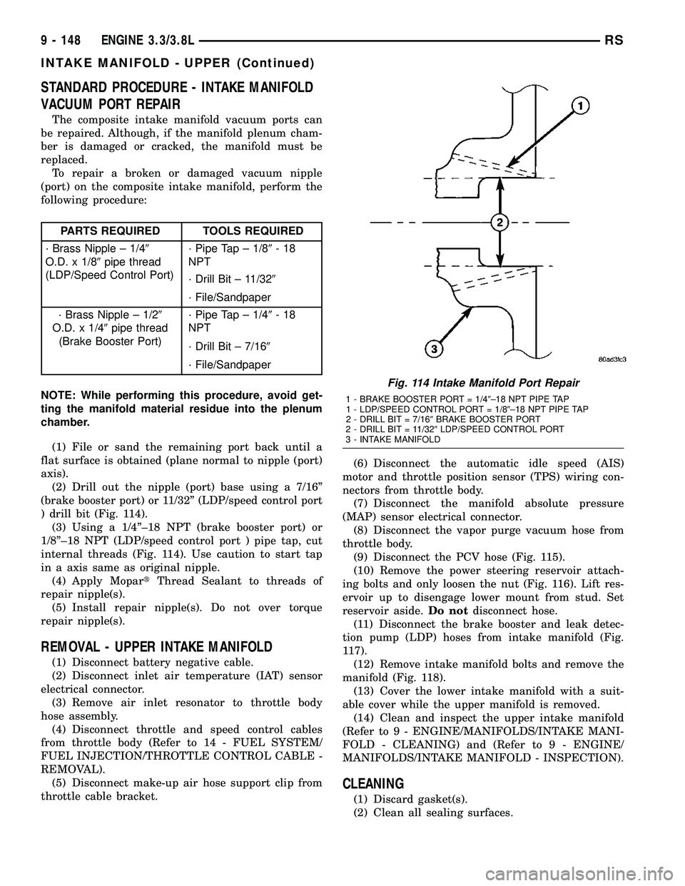 CHRYSLER VOYAGER 2005 Service Manual STANDARD PROCEDURE - INTAKE MANIFOLD
VACUUM PORT REPAIR
The composite intake manifold vacuum ports can
be repaired. Although, if the manifold plenum cham-
ber is damaged or cracked, the manifold must CHRYSLER VOYAGER 2005 Service Manual STANDARD PROCEDURE - INTAKE MANIFOLD
VACUUM PORT REPAIR
The composite intake manifold vacuum ports can
be repaired. Although, if the manifold plenum cham-
ber is damaged or cracked, the manifold must