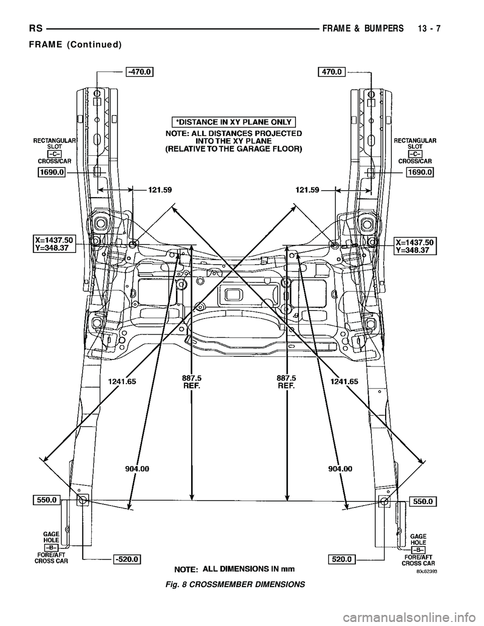 CHRYSLER VOYAGER 2005  Service Manual Fig. 8 CROSSMEMBER DIMENSIONS
RSFRAME & BUMPERS13-7
FRAME (Continued) 