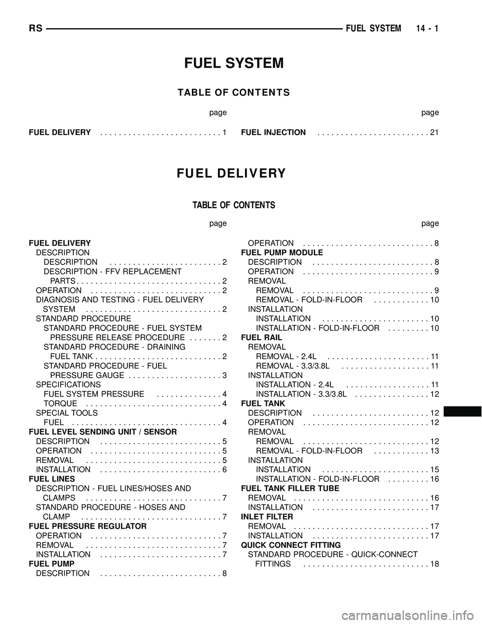 CHRYSLER VOYAGER 2005  Service Manual FUEL SYSTEM
TABLE OF CONTENTS
page page
FUEL DELIVERY..........................1FUEL INJECTION........................21
FUEL DELIVERY
TABLE OF CONTENTS
page page
FUEL DELIVERY
DESCRIPTION
DESCRIPTION