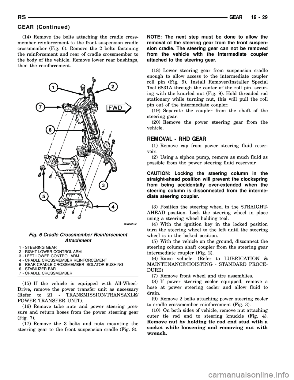 CHRYSLER VOYAGER 2005 Manual Online (14) Remove the bolts attaching the cradle cross-
member reinforcement to the front suspension cradle
crossmember (Fig. 6). Remove the 2 bolts fastening
the reinforcement and rear of cradle crossmembe CHRYSLER VOYAGER 2005 Manual Online (14) Remove the bolts attaching the cradle cross-
member reinforcement to the front suspension cradle
crossmember (Fig. 6). Remove the 2 bolts fastening
the reinforcement and rear of cradle crossmembe