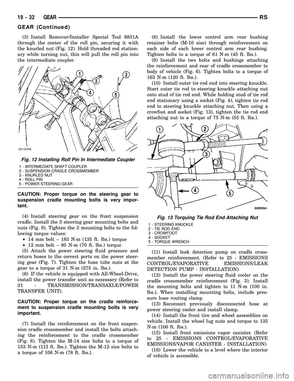 CHRYSLER VOYAGER 2005  Service Manual (3) Install Remover/Installer Special Tool 6831A
through the center of the roll pin, securing it with
the knurled nut (Fig. 12). Hold threaded rod station-
ary while turning nut, this will pull the ro