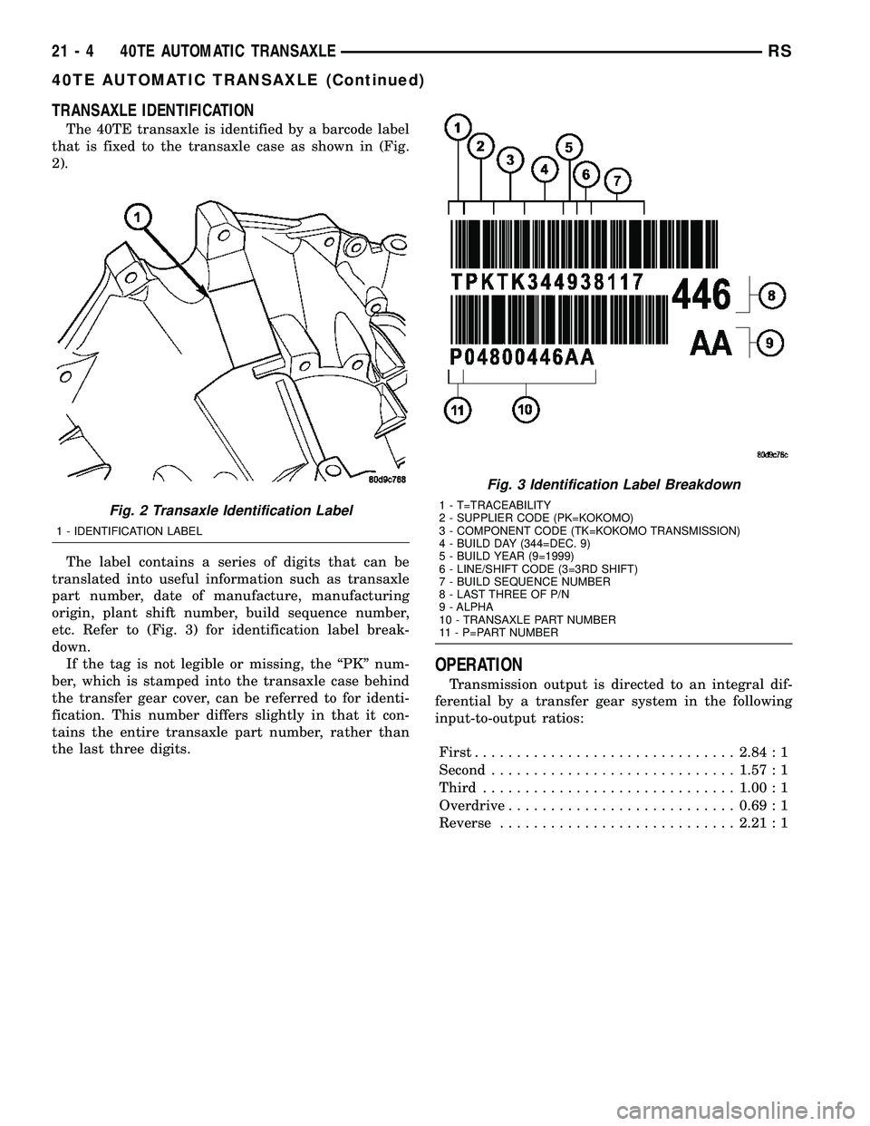 CHRYSLER VOYAGER 2005  Service Manual TRANSAXLE IDENTIFICATION
The 40TE transaxle is identified by a barcode label
that is fixed to the transaxle case as shown in (Fig.
2).
The label contains a series of digits that can be
translated into