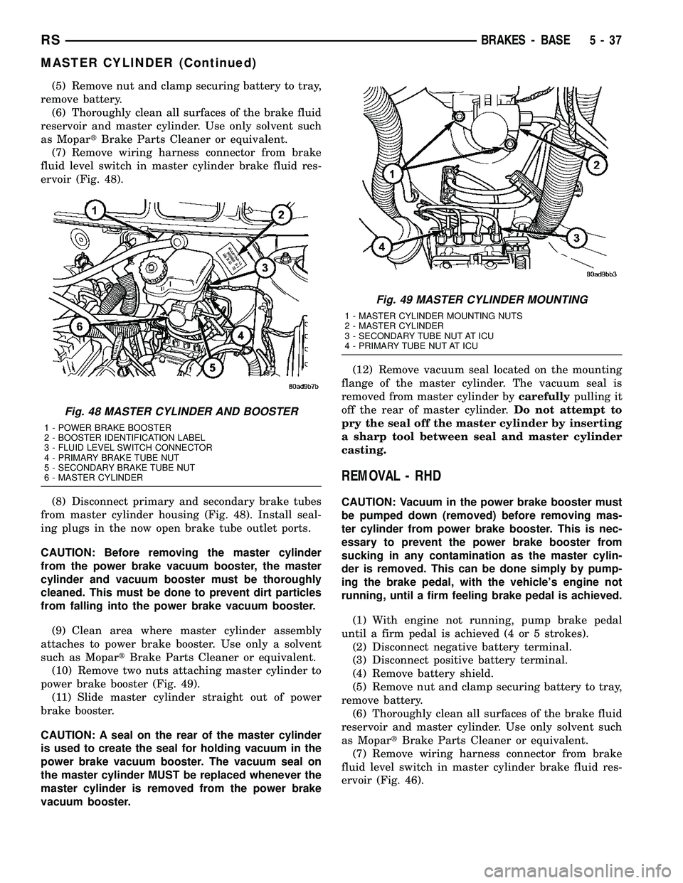 CHRYSLER VOYAGER 2005  Service Manual (5) Remove nut and clamp securing battery to tray,
remove battery.
(6) Thoroughly clean all surfaces of the brake fluid
reservoir and master cylinder. Use only solvent such
as MopartBrake Parts Cleane