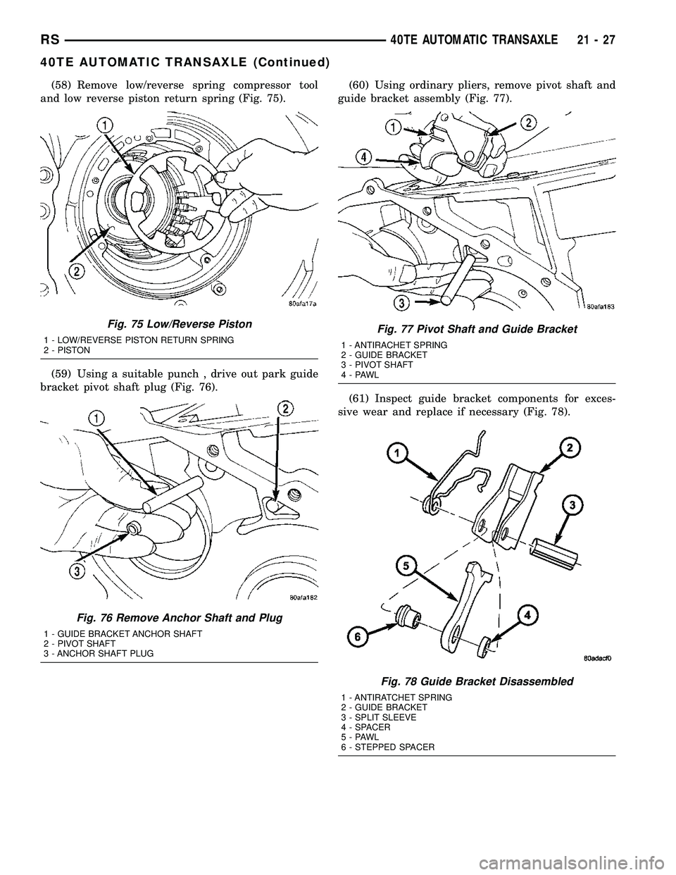 CHRYSLER VOYAGER 2005  Service Manual (58) Remove low/reverse spring compressor tool
and low reverse piston return spring (Fig. 75).
(59) Using a suitable punch , drive out park guide
bracket pivot shaft plug (Fig. 76).(60) Using ordinary