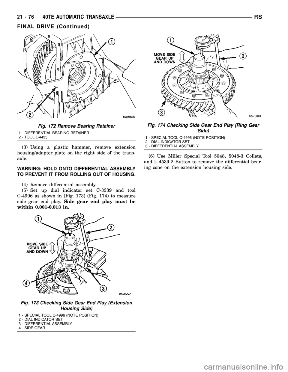 CHRYSLER VOYAGER 2005 Owners Manual (3) Using a plastic hammer, remove extension
housing/adapter plate on the right side of the trans-
axle.
WARNING: HOLD ONTO DIFFERENTIAL ASSEMBLY
TO PREVENT IT FROM ROLLING OUT OF HOUSING.
(4) Remove CHRYSLER VOYAGER 2005 Owners Manual (3) Using a plastic hammer, remove extension
housing/adapter plate on the right side of the trans-
axle.
WARNING: HOLD ONTO DIFFERENTIAL ASSEMBLY
TO PREVENT IT FROM ROLLING OUT OF HOUSING.
(4) Remove