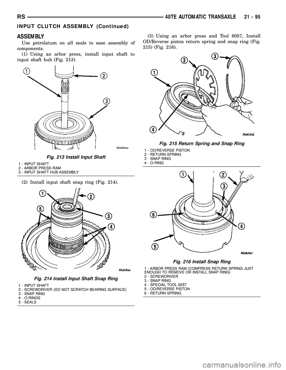 CHRYSLER VOYAGER 2005  Service Manual ASSEMBLY
Use petrolatum on all seals to ease assembly of
components.
(1) Using an arbor press, install input shaft to
input shaft hub (Fig. 213).
(2) Install input shaft snap ring (Fig. 214).(3) Using