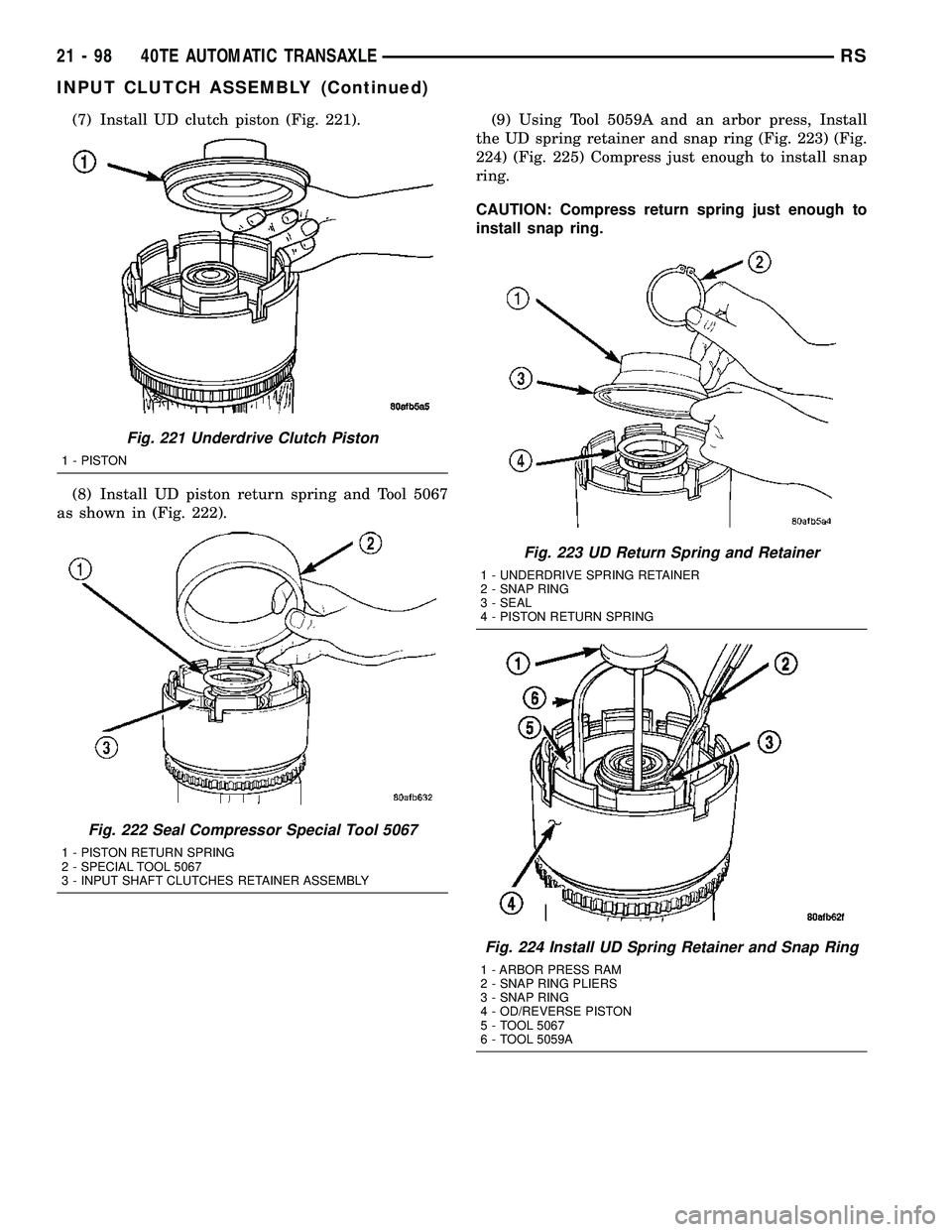 CHRYSLER VOYAGER 2005  Service Manual (7) Install UD clutch piston (Fig. 221).
(8) Install UD piston return spring and Tool 5067
as shown in (Fig. 222).(9) Using Tool 5059A and an arbor press, Install
the UD spring retainer and snap ring 