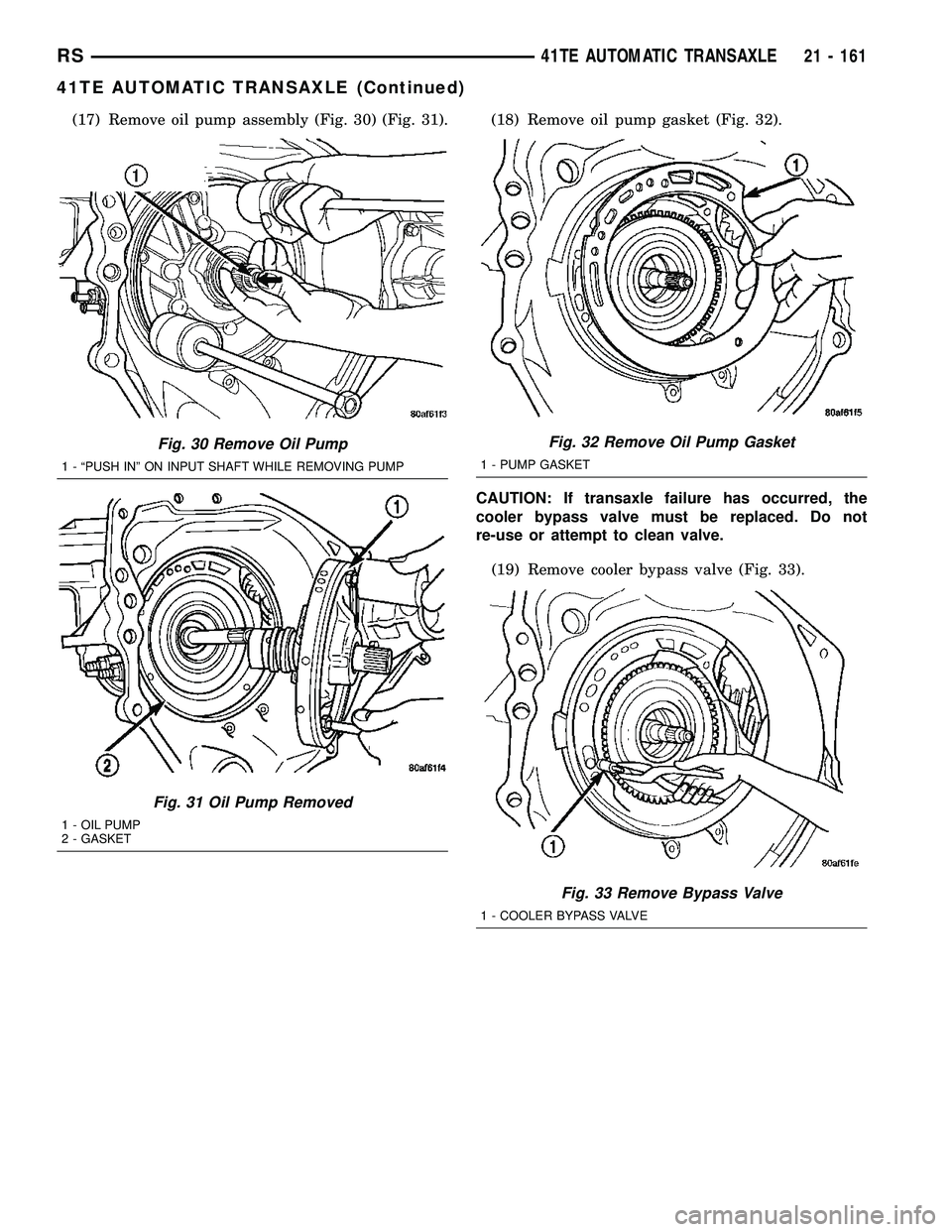 CHRYSLER VOYAGER 2005 Service Manual (17) Remove oil pump assembly (Fig. 30) (Fig. 31). (18) Remove oil pump gasket (Fig. 32).
CAUTION: If transaxle failure has occurred, the
cooler bypass valve must be replaced. Do not
re-use or attempt CHRYSLER VOYAGER 2005 Service Manual (17) Remove oil pump assembly (Fig. 30) (Fig. 31). (18) Remove oil pump gasket (Fig. 32).
CAUTION: If transaxle failure has occurred, the
cooler bypass valve must be replaced. Do not
re-use or attempt