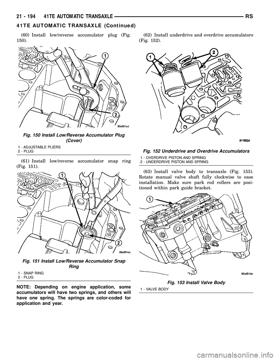 CHRYSLER VOYAGER 2005 Service Manual (60) Install low/reverse accumulator plug (Fig.
150).
(61) Install low/reverse accumulator snap ring
(Fig. 151).
NOTE: Depending on engine application, some
accumulators will have two springs, and oth CHRYSLER VOYAGER 2005 Service Manual (60) Install low/reverse accumulator plug (Fig.
150).
(61) Install low/reverse accumulator snap ring
(Fig. 151).
NOTE: Depending on engine application, some
accumulators will have two springs, and oth
