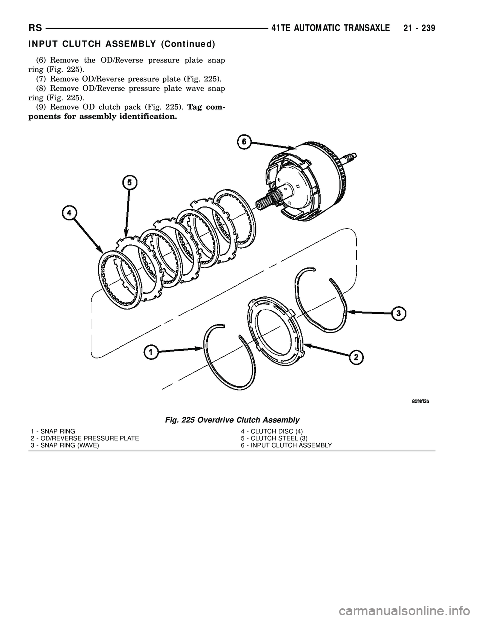 CHRYSLER VOYAGER 2005 Service Manual (6) Remove the OD/Reverse pressure plate snap
ring (Fig. 225).
(7) Remove OD/Reverse pressure plate (Fig. 225).
(8) Remove OD/Reverse pressure plate wave snap
ring (Fig. 225).
(9) Remove OD clutch pac CHRYSLER VOYAGER 2005 Service Manual (6) Remove the OD/Reverse pressure plate snap
ring (Fig. 225).
(7) Remove OD/Reverse pressure plate (Fig. 225).
(8) Remove OD/Reverse pressure plate wave snap
ring (Fig. 225).
(9) Remove OD clutch pac