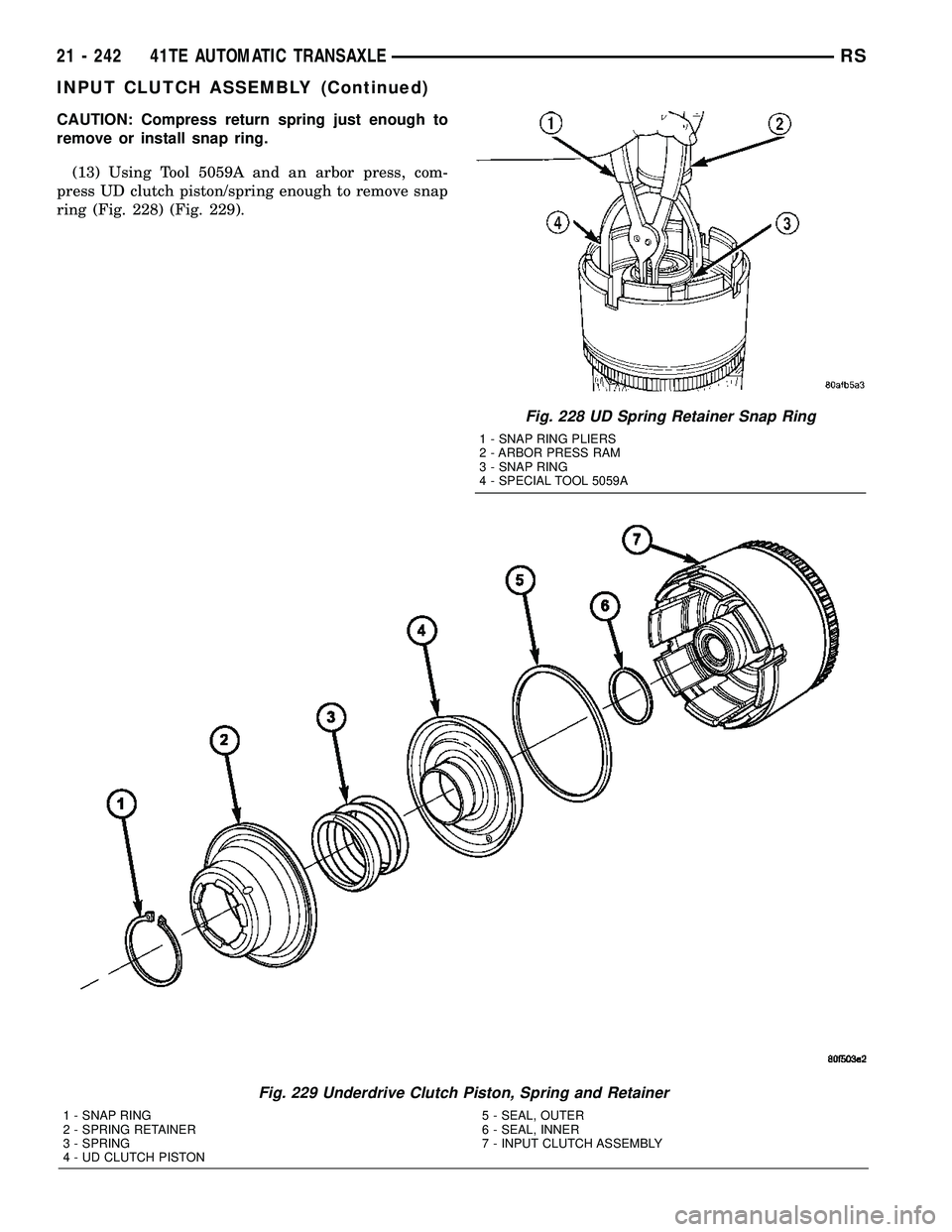 CHRYSLER VOYAGER 2005  Service Manual CAUTION: Compress return spring just enough to
remove or install snap ring.
(13) Using Tool 5059A and an arbor press, com-
press UD clutch piston/spring enough to remove snap
ring (Fig. 228) (Fig. 229