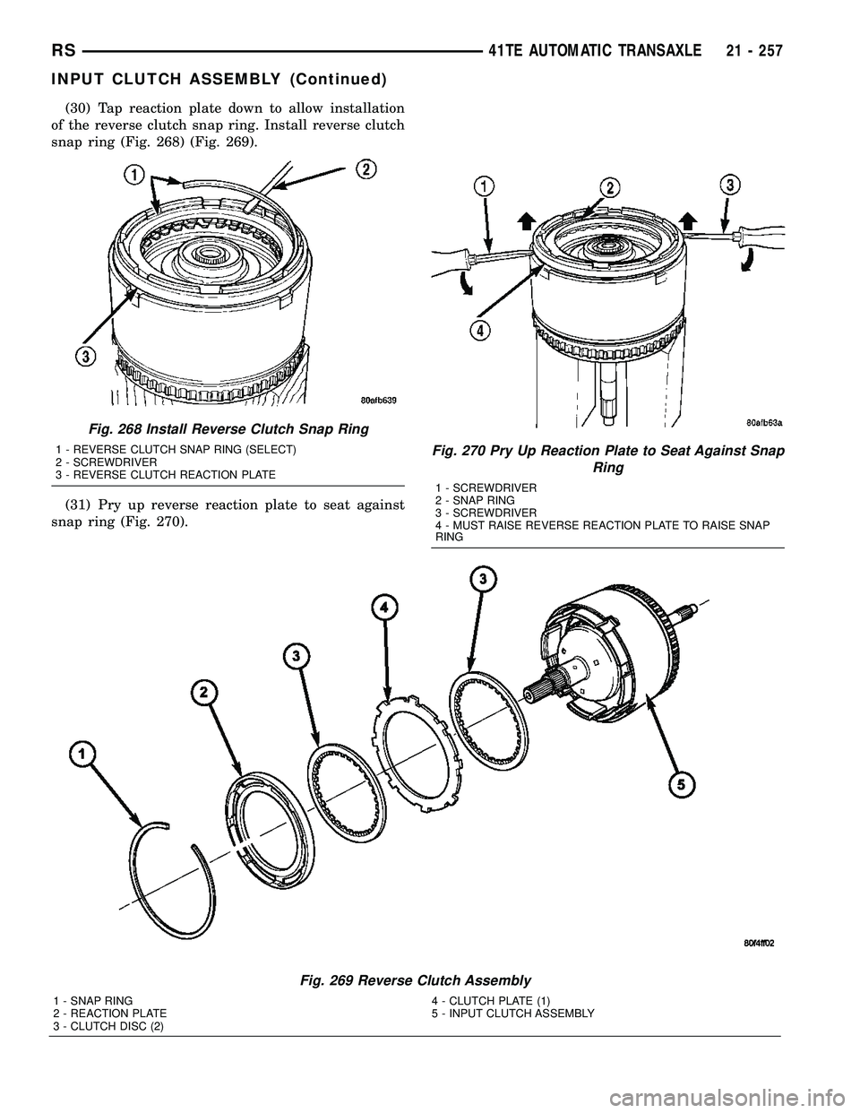 CHRYSLER VOYAGER 2005 Service Manual (30) Tap reaction plate down to allow installation
of the reverse clutch snap ring. Install reverse clutch
snap ring (Fig. 268) (Fig. 269).
(31) Pry up reverse reaction plate to seat against
snap ring CHRYSLER VOYAGER 2005 Service Manual (30) Tap reaction plate down to allow installation
of the reverse clutch snap ring. Install reverse clutch
snap ring (Fig. 268) (Fig. 269).
(31) Pry up reverse reaction plate to seat against
snap ring