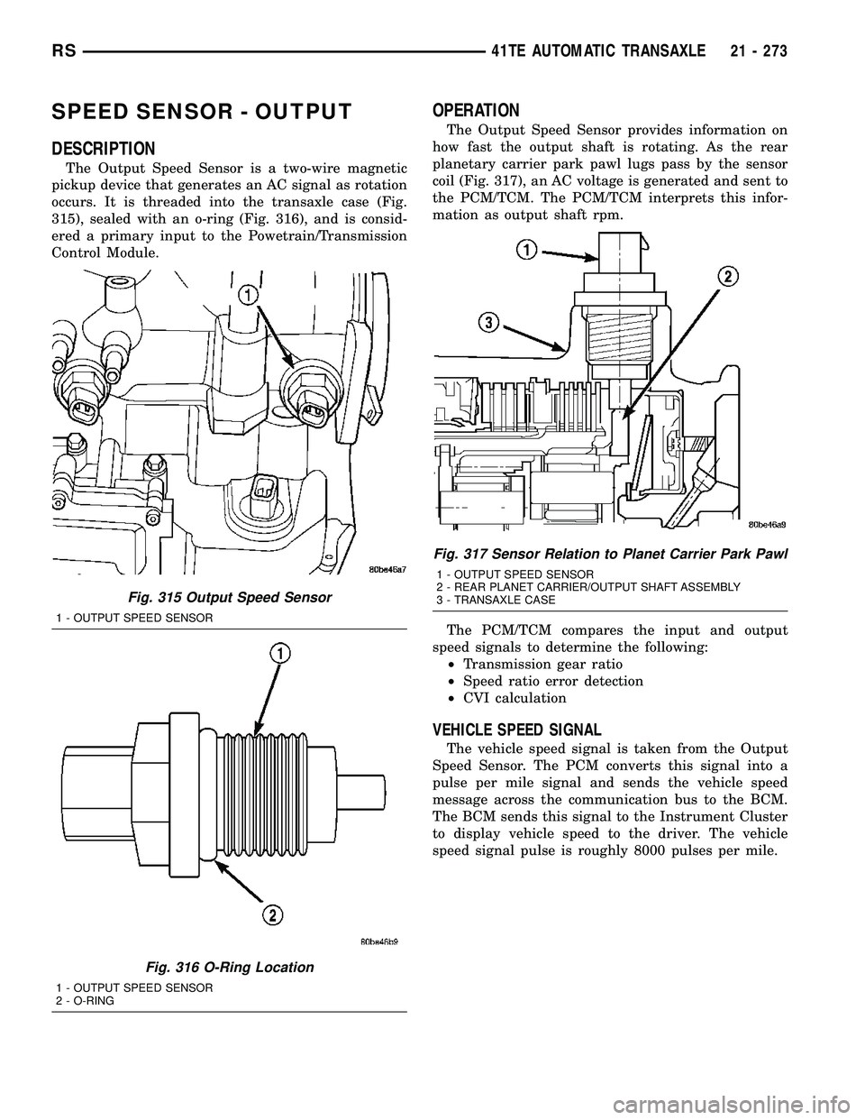 CHRYSLER VOYAGER 2005  Service Manual SPEED SENSOR - OUTPUT
DESCRIPTION
The Output Speed Sensor is a two-wire magnetic
pickup device that generates an AC signal as rotation
occurs. It is threaded into the transaxle case (Fig.
315), sealed