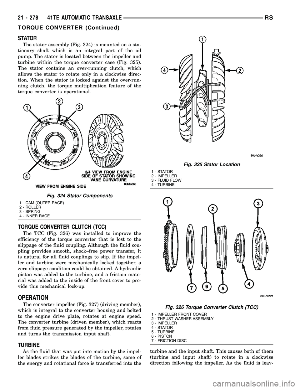 CHRYSLER VOYAGER 2005  Service Manual STATOR
The stator assembly (Fig. 324) is mounted on a sta-
tionary shaft which is an integral part of the oil
pump. The stator is located between the impeller and
turbine within the torque converter c
