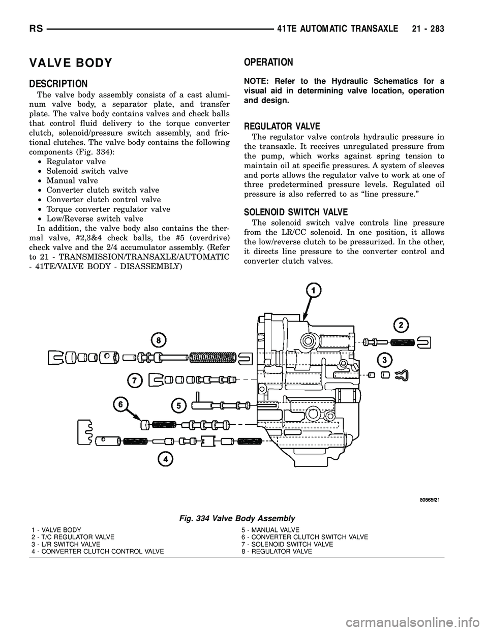 CHRYSLER VOYAGER 2005  Service Manual VALVE BODY
DESCRIPTION
The valve body assembly consists of a cast alumi-
num valve body, a separator plate, and transfer
plate. The valve body contains valves and check balls
that control fluid delive