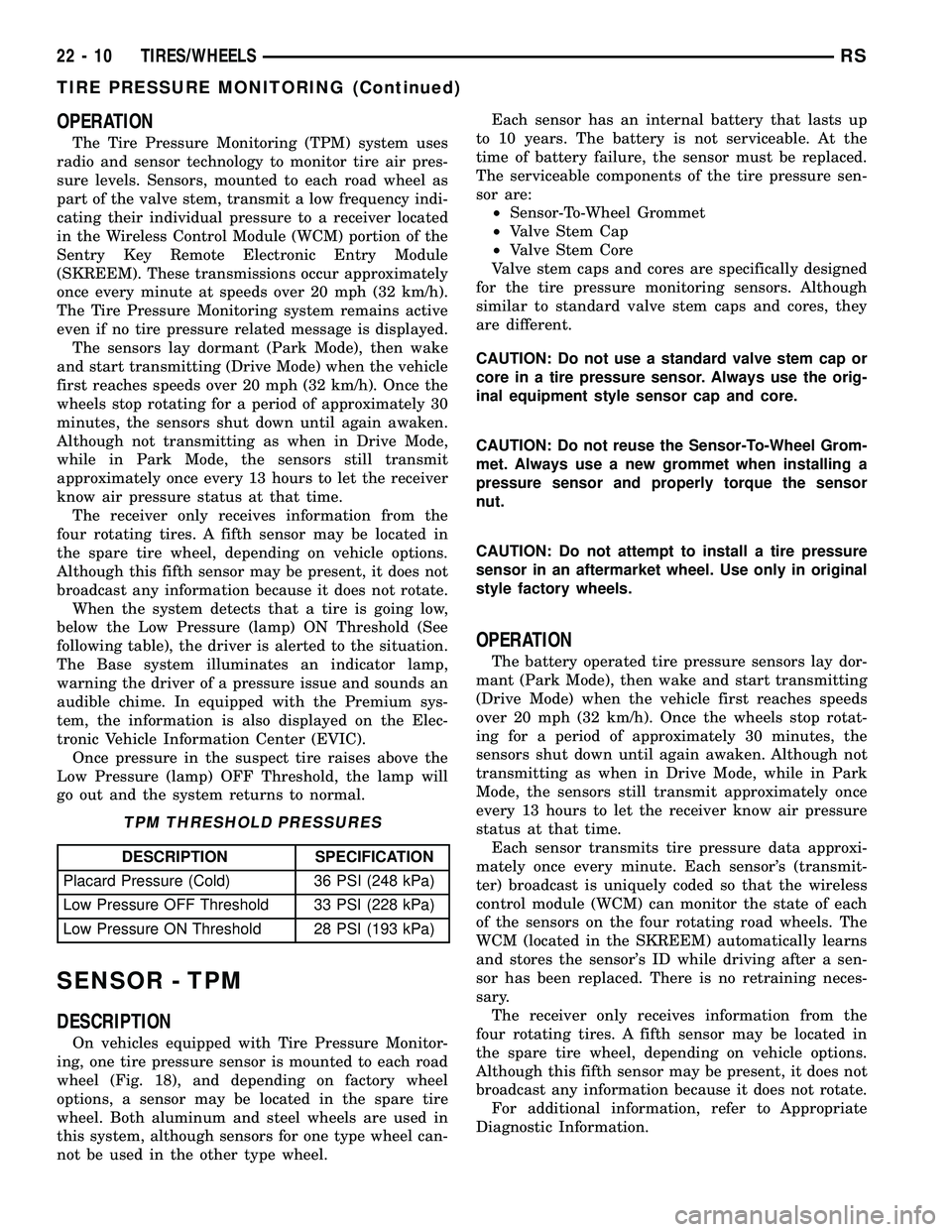 CHRYSLER VOYAGER 2005  Service Manual OPERATION
The Tire Pressure Monitoring (TPM) system uses
radio and sensor technology to monitor tire air pres-
sure levels. Sensors, mounted to each road wheel as
part of the valve stem, transmit a lo